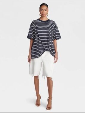 Women's Navy and White Striped Asymmetrical Hem Short Sleeve Tee